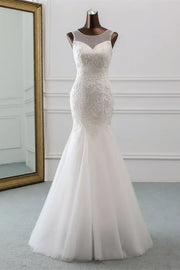 Round Sleeveless Lace Appliques Mermaid Wedding Dress