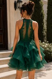 Round Sleeveless Lace Top Tiered Tulle A-Line Homecoming Dress