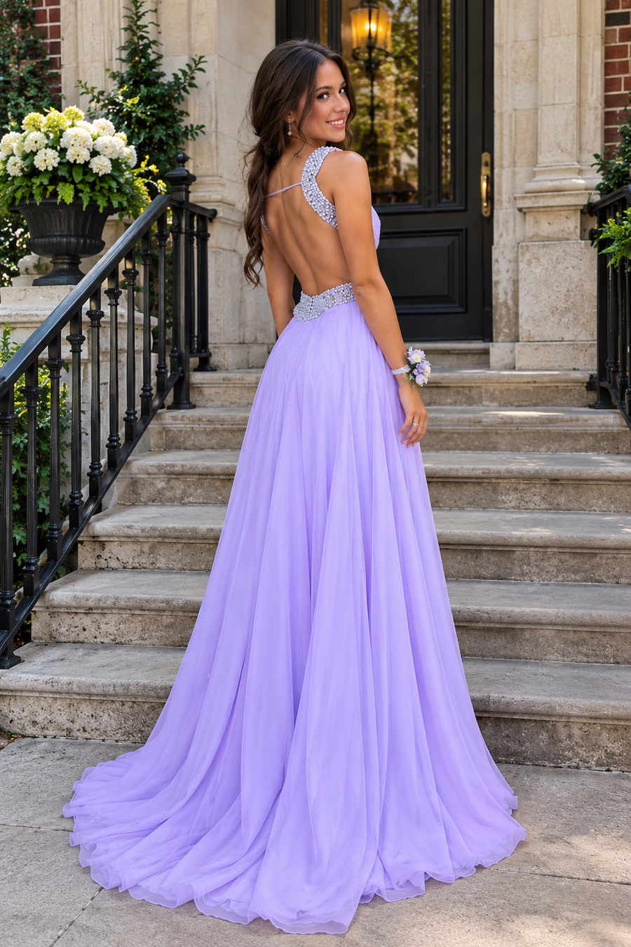 Round Sleeveless Open Back Chiffon A-Line Beaded Long Party Prom Dress