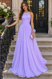 Round Sleeveless Open Back Chiffon A-Line Beaded Long Party Prom Dress
