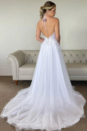 Round Sleeveless Open Back Lace Appliques Wedding Dress