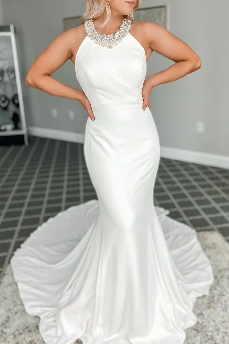 Round Sleeveless Open Back Satin Mermaid Wedding Dress