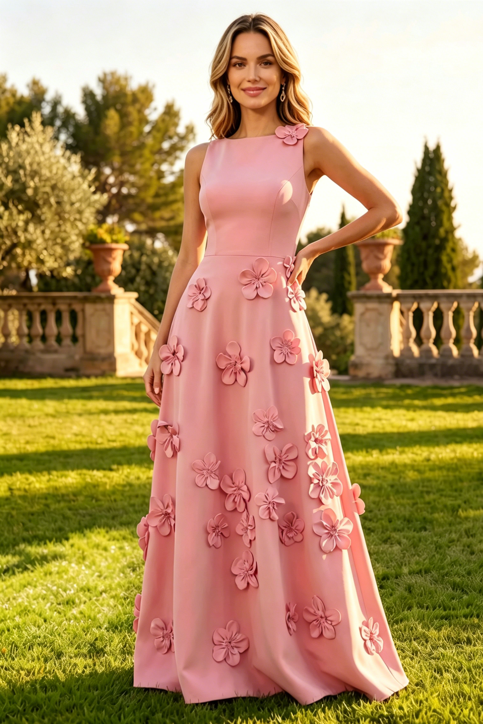 Round Sleeveless Satin A-Line 3D Floral Maxi Mother Of The Bride Dress