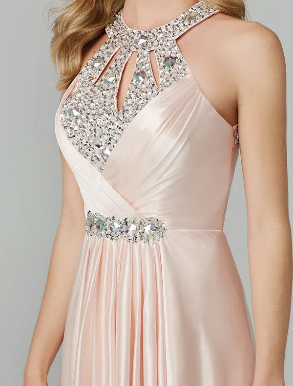 Round Sleeveless Satin A-Line Beaded Long Party Prom Dress