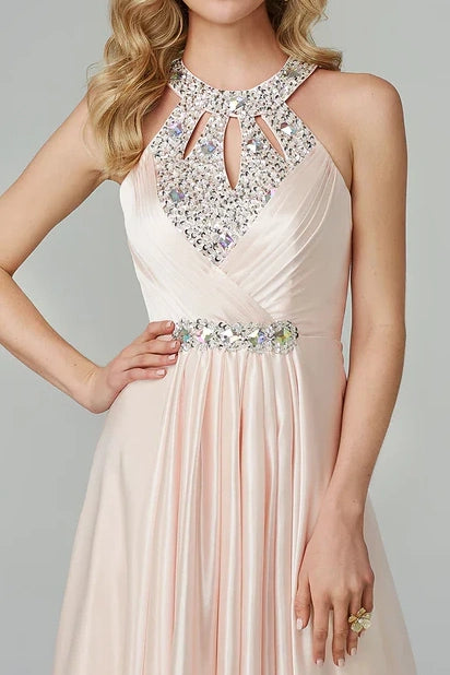 Round Sleeveless Satin A-Line Beaded Long Party Prom Dress