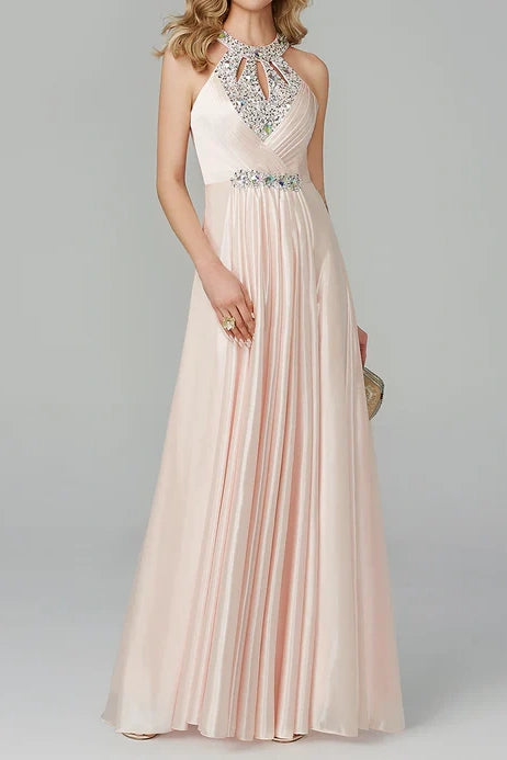 Round Sleeveless Satin A-Line Beaded Long Party Prom Dress