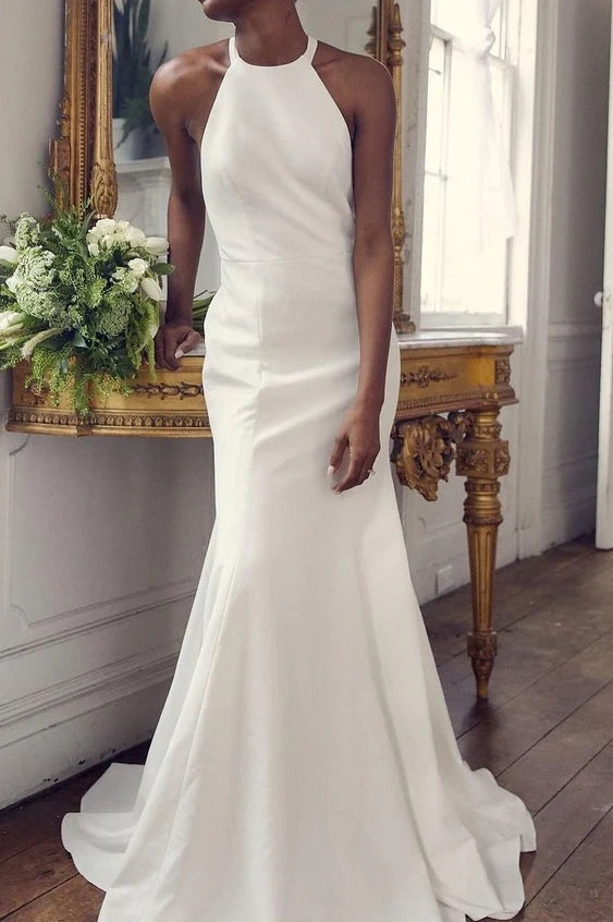 Round Sleeveless Satin Mermaid Long Wedding Dress