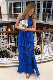 Royal Blue A-Line V-Neck Satin Pleated Tiered Party Prom Dress