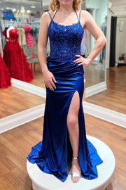 Royal Blue Bateau Straps Lace Top Mermaid Party Prom Dress