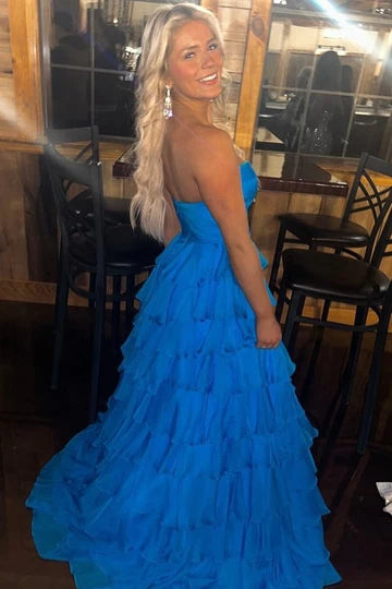 Royal Blue Chiffon A-Line Strapless Tiered Prom Dress