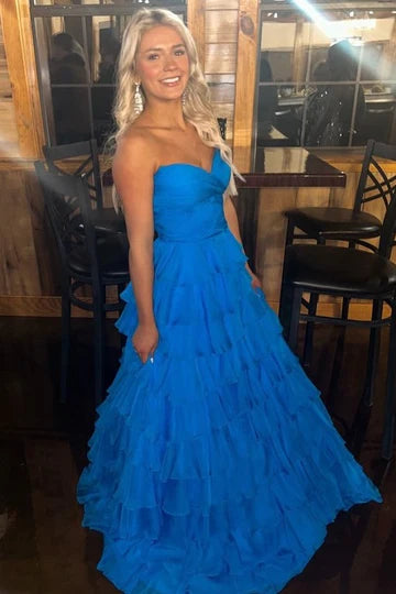 Royal Blue Chiffon A-Line Strapless Tiered Prom Dress