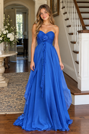 Royal Blue Chiffon A-Line Sweetheart Sleeveless Ruffle Party Prom Dress