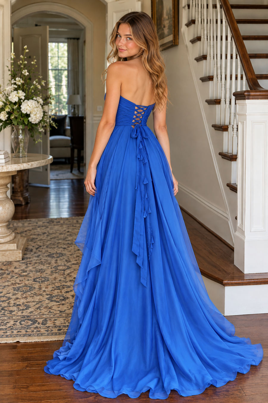 Royal Blue Chiffon A-Line Sweetheart Sleeveless Ruffle Party Prom Dress