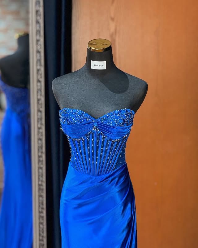 Royal Blue Mermaid Empire Ruched Beaded Party Prom Dress