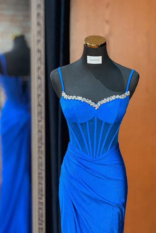 Royal Blue Mermaid Empire Ruched Beaded Party Prom Dress