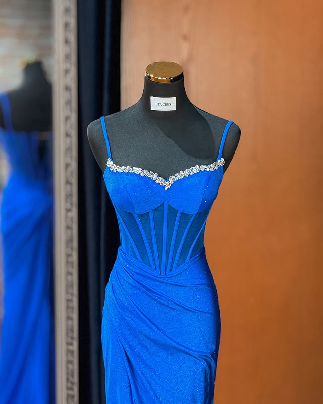 Royal Blue Mermaid Empire Ruched Beaded Party Prom Dress