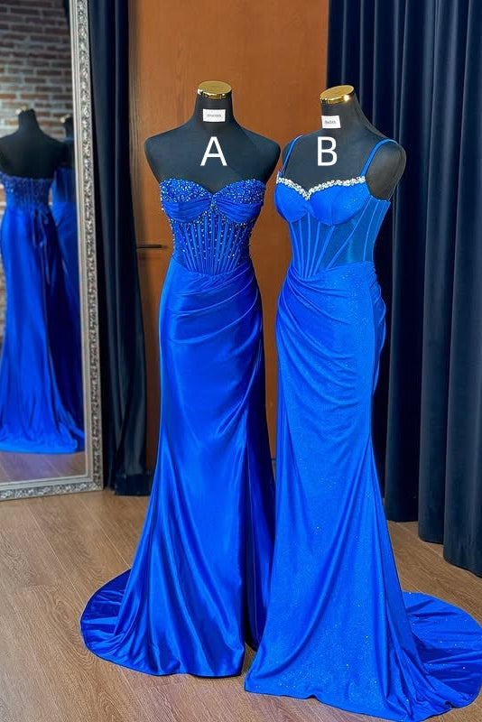 Royal Blue Mermaid Empire Ruched Beaded Party Prom Dress