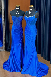 Royal Blue Mermaid Empire Ruched Beaded Party Prom Dress