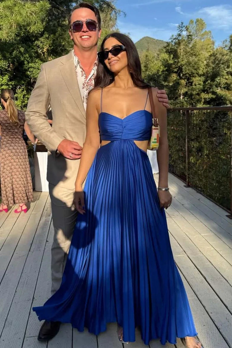 Royal Blue Satin A-Line Illusion Empire Pleated Party Prom Dress
