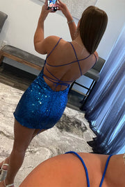 Royal Blue Sequins Bateau Lace Up Fitted Party Homecoming Dress