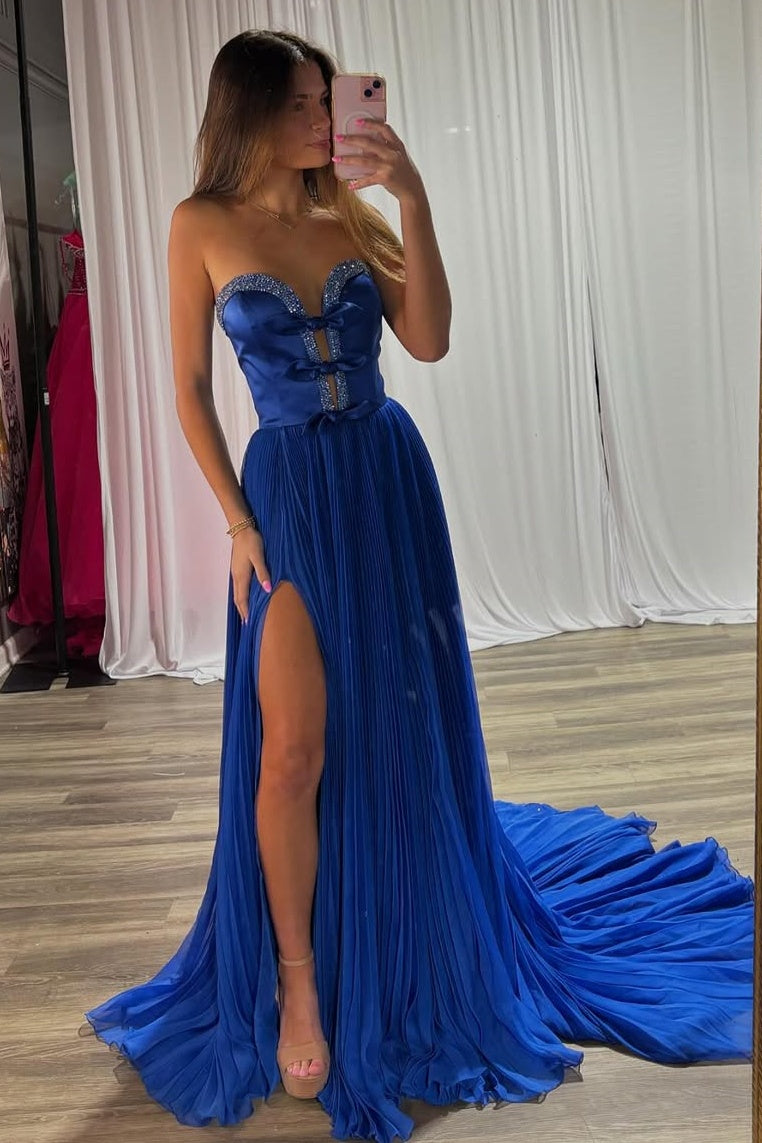 Royal Blue Strapless Beaded Two Tone Party Prom Dress