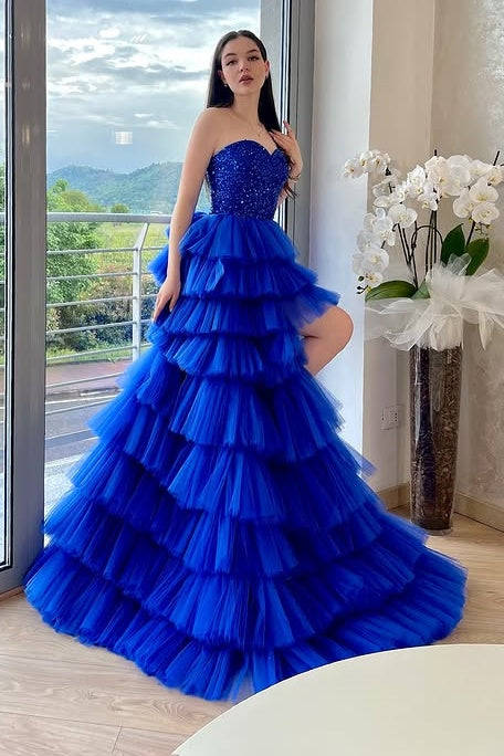 Royal Blue Sweetheart Empire High Low Tiered Party Prom Dress