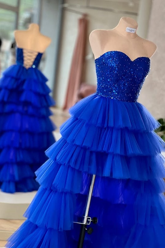 Royal Blue Sweetheart Empire High Low Tiered Party Prom Dress