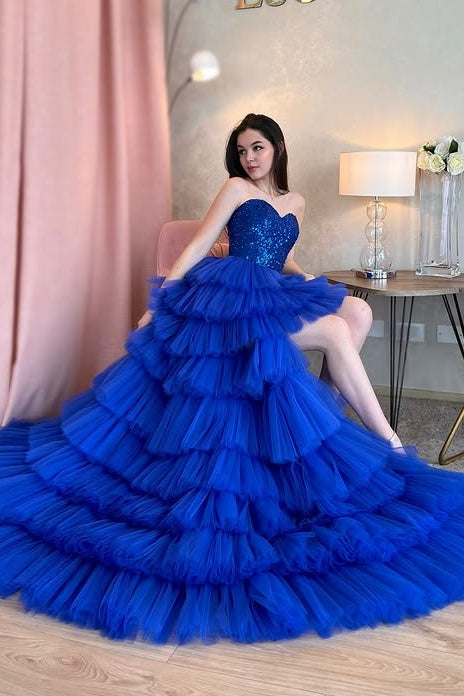 Royal Blue Sweetheart Empire High Low Tiered Party Prom Dress