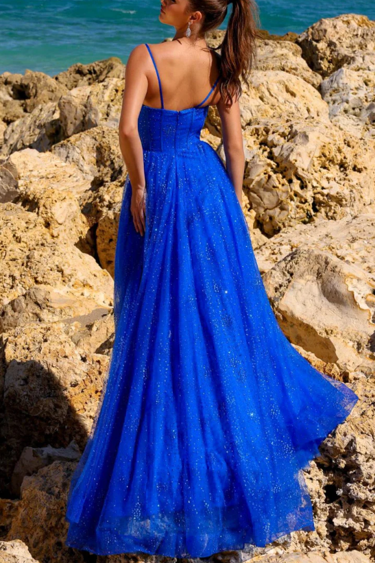 Royal Blue Sweetheart Spaghetti Straps Tulle A-Line Prom Dress