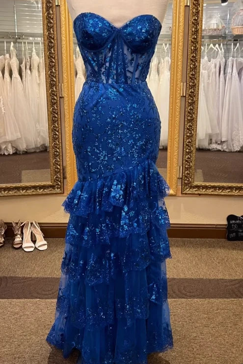 Royal Blue Sweetheart Strapless Lace Tiered Prom Drses