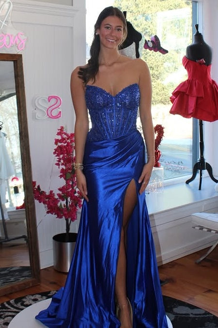 Royal Blue Sweetheart Strapless Ruched Empire Mermaid Party Prom Dress