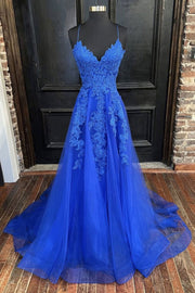 Royal Blue Tulle A-line Appliques Sweetheart Prom Dress