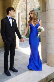 Royal Blue V-Neck Backless Mermaid Satin Party Prom Dress
