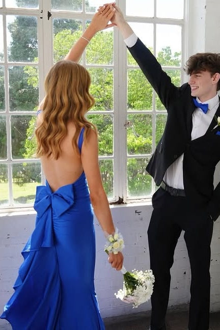 Royal Blue V-Neck Backless Mermaid Satin Party Prom Dress