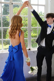 Royal Blue V-Neck Backless Mermaid Satin Party Prom Dress