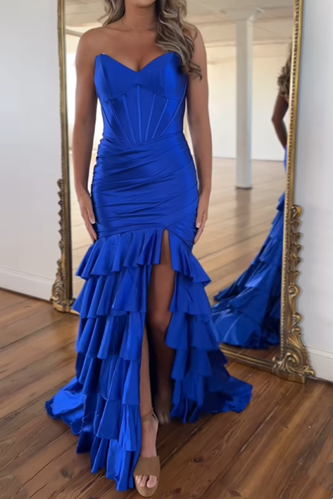 Royal Blue V-Neck Strapless Tiered Long Prom Dress