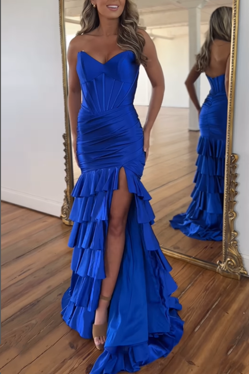 Royal Blue V-Neck Strapless Tiered Long Prom Dress