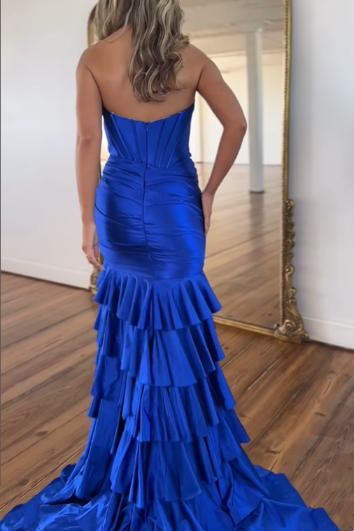 Royal Blue V-Neck Strapless Tiered Long Prom Dress