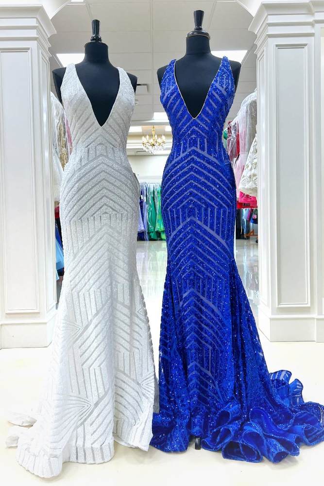 Royal Blue V-Neck Sequin Long Mermaid Prom Dress full shot front side