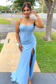 Ruched Empire Satin Beaded Mermaid Party Prom Dress With Slit