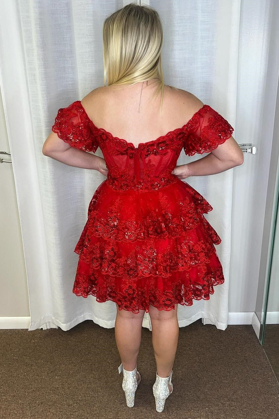 Ruffle Off-Shoulder Lace A-Line Tiered Homecoming Dress