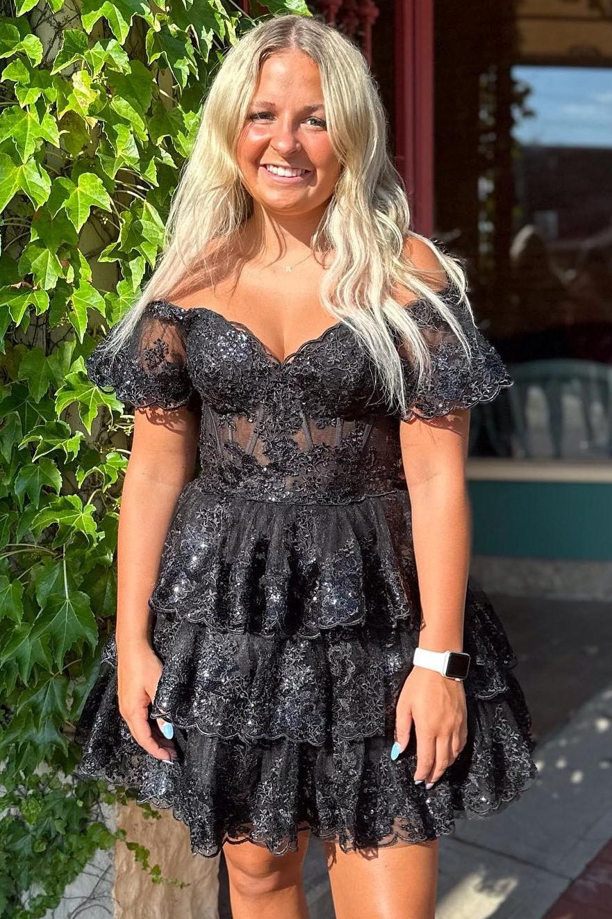 Ruffle Off-Shoulder Lace A-Line Tiered Homecoming Dress
