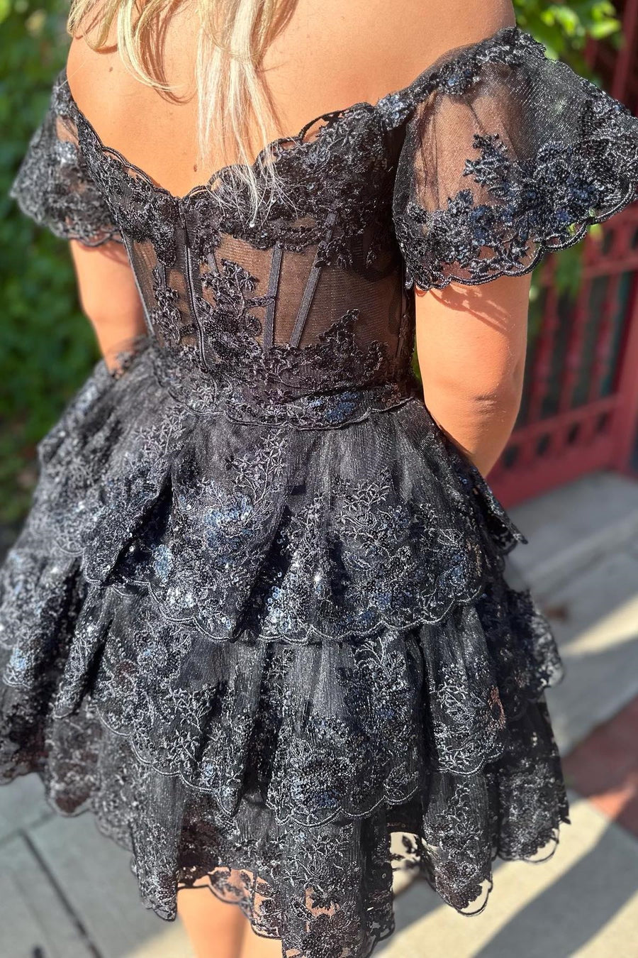 Ruffle Off-Shoulder Lace A-Line Tiered Homecoming Dress
