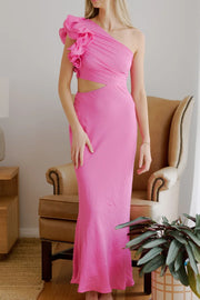 Ruffle One Shoulder Fitted High Waist Chiffon Party Prom Dress