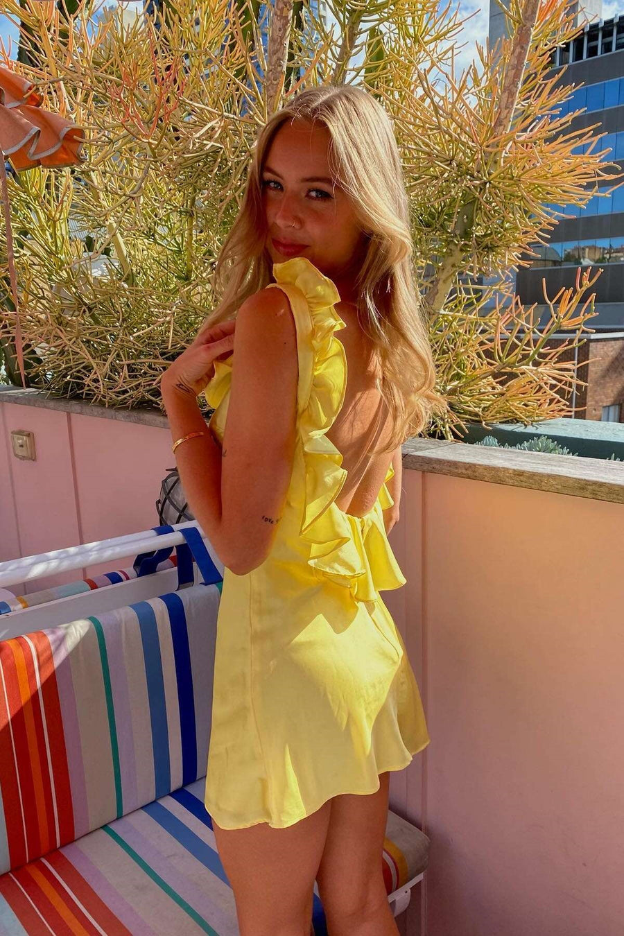 Ruffle Sleeveless V-Neck Backless Satin Homecoming Dress