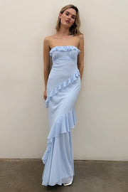 Ruffle Strapless Open Back Chiffon Fitted Party Prom Dress