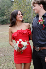 Ruffle Strapless Satin Fitted Mini Party Homecoming Dress