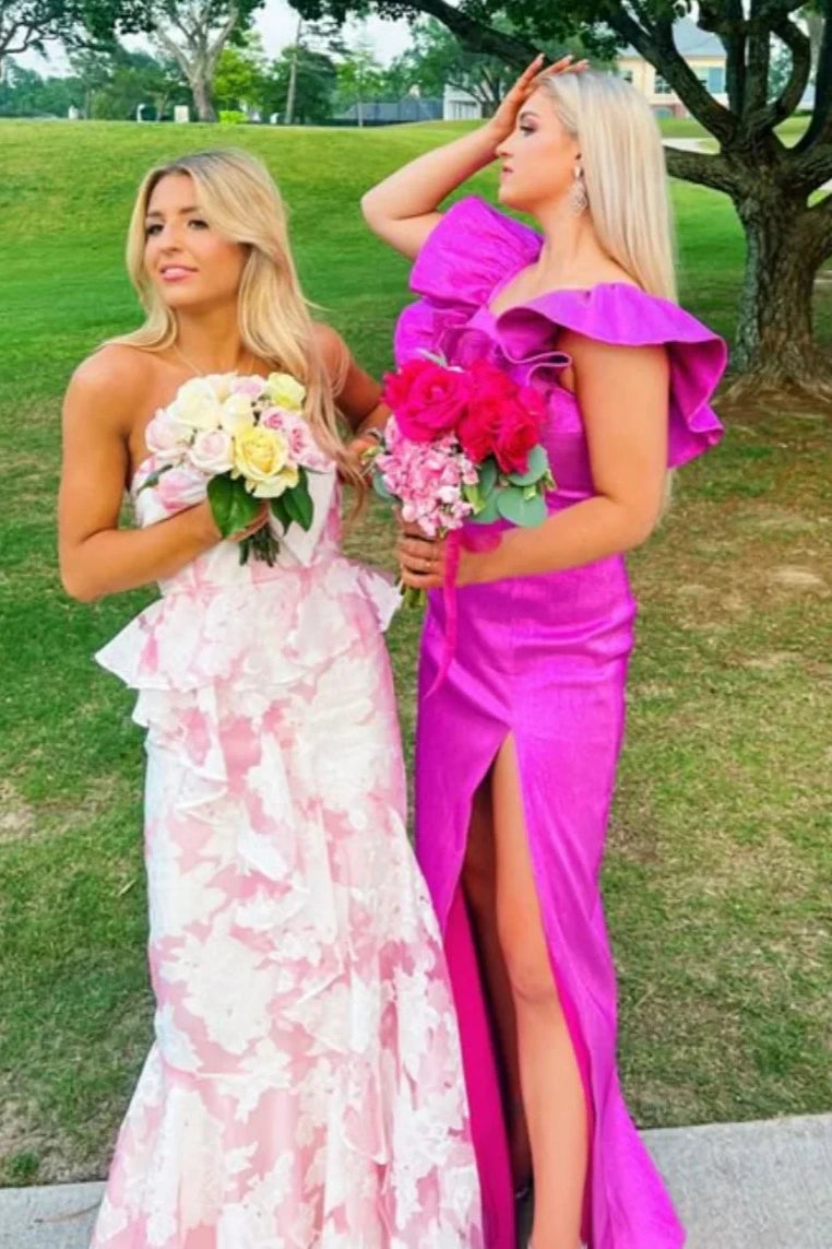 Ruffle Straps Satin Fitted Party Prom Dress With Leg Slit 