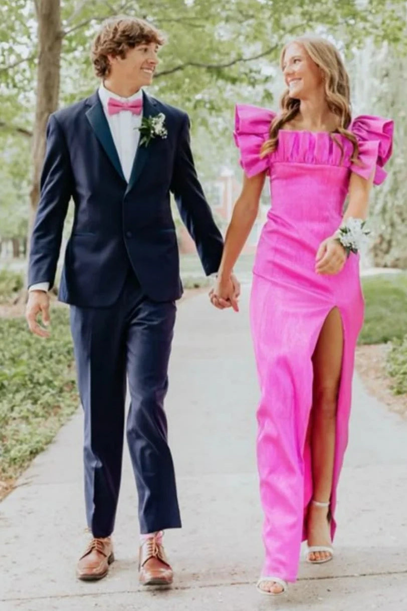 Ruffle Straps Satin Fitted Party Prom Dress With Leg Slit 