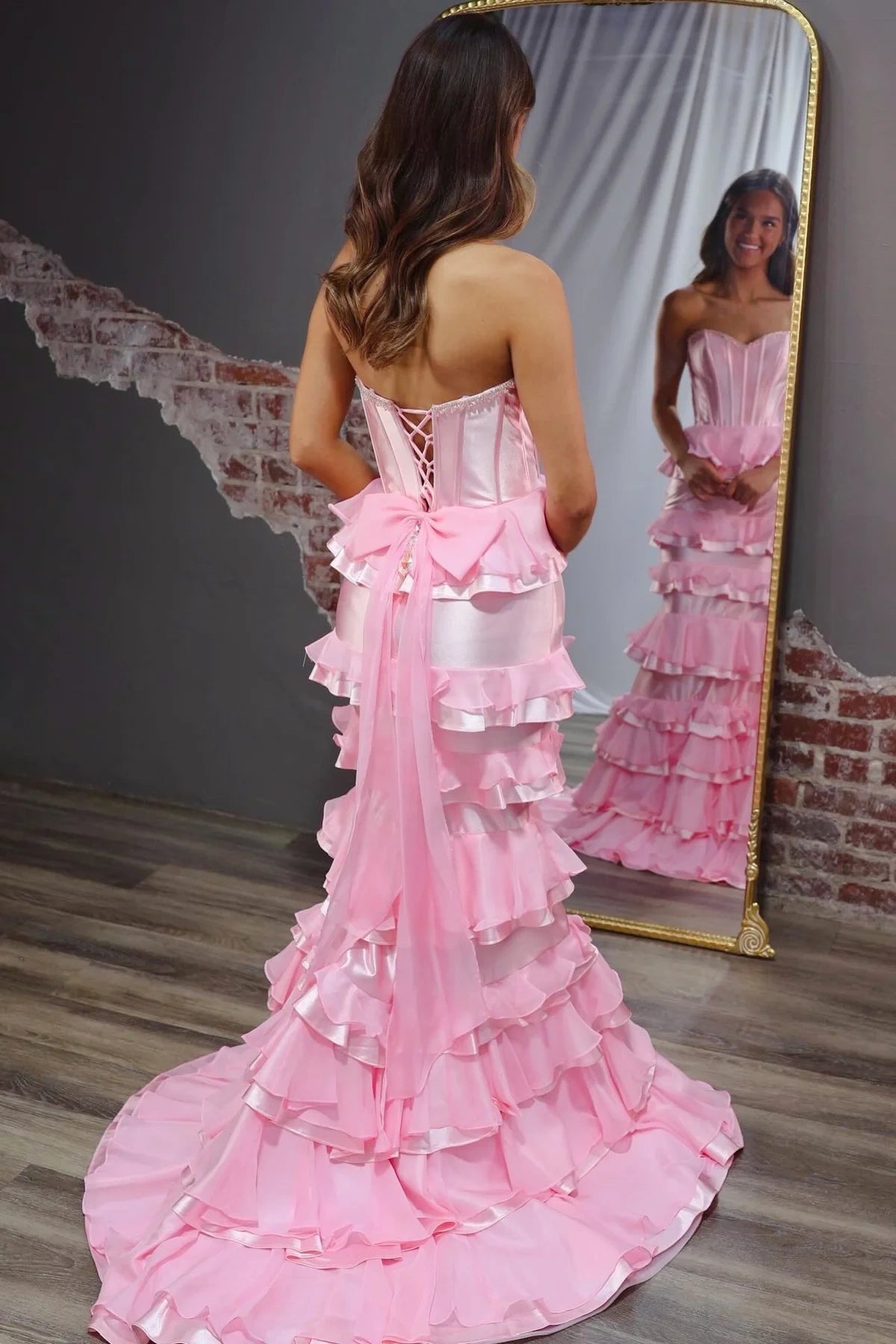 Ruffle Tiered Mermaid Satin And Chiffon Strapless Prom Dress